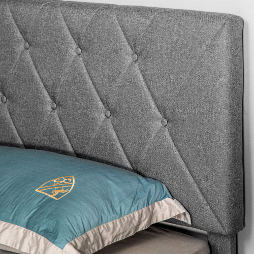 UK Local HOMCOM Double Bed Frame With 5-Level Adjustable Linen Upholstered Headboard, Wooden Slats Mattress Foundation, No Box Spring Needed, Grey