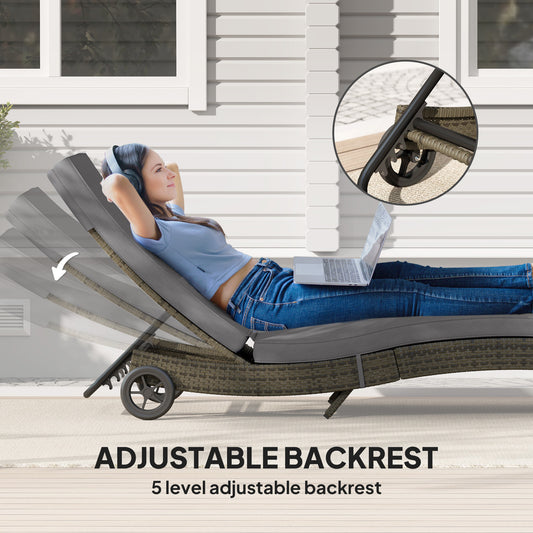 US Local Patio Wicker Chaise Lounge Chair, Outdoor PE Rattan Sun Lounger With Adjustable Backrest And 2 Wheels, Gray