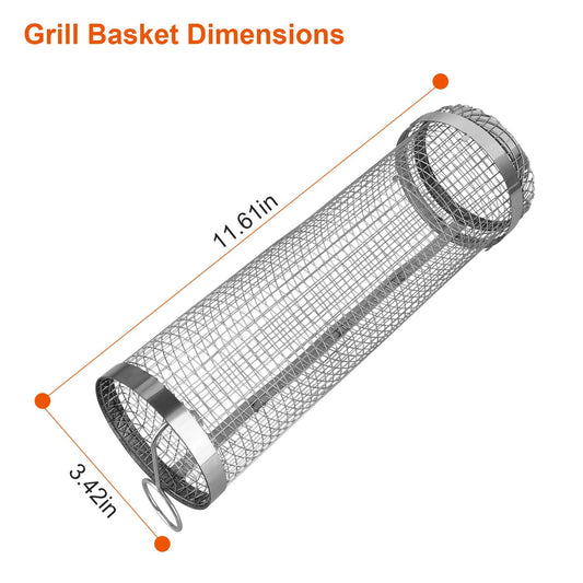 US Local 2Pcs 3.42x11.61Inch Portable BBQ Rolling Basket Round Stainless Steel Grill Mesh Barbecue Net Tube With Removable Cover Outdoor Camping