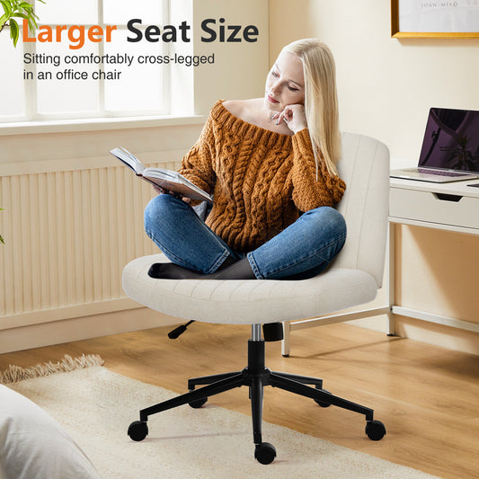 US Local Office Desk Vanity Chair Cross Legged Armless Swivel Fabric Height Adjustable Wide Seat With Replaceable Wheels-Fixed Base, Comfy Task Chair Padded