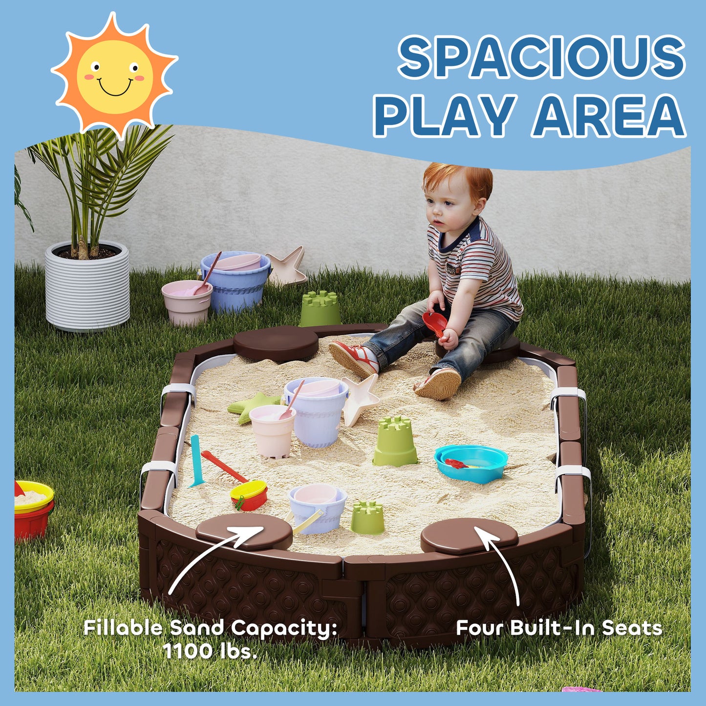 US Local Kids Sandbox With Cover, 4 Corner Seats, Bottom Liner For Backyard, Garden, Outdoor, 71 X 42 W X 9, Dark Brown