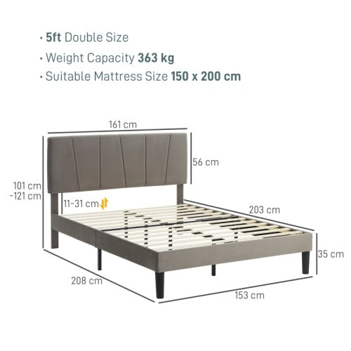 UK Local HOMCOM King Size Bed Frame, With Velvet-Feel Headboard - Grey