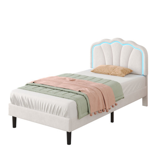 UK Local 3ft Single Upholstered Bed With LED Adjustable Shell Shape Headboard, Soft Velvet Bed Frame With Solid Wood Slat, No Box Spring Needed, Easy Assembly, Cream White No Mattress