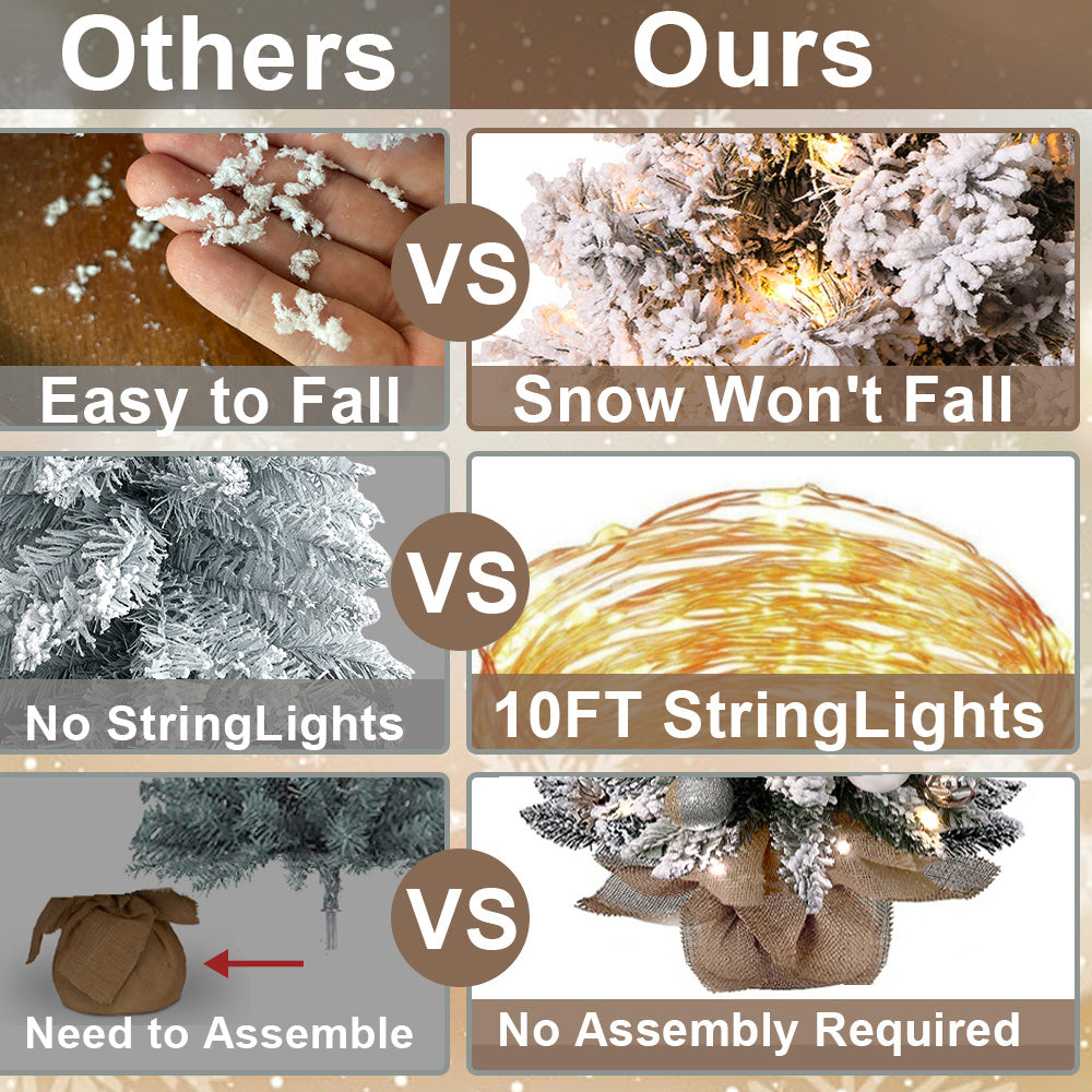 US Local 2ft Mini Christmas Tree With Light Artificial Small Tabletop Christmas Decoration With Flocked Snow, Exquisite Decor & Xmas Ornaments For Table Top For Home & Office