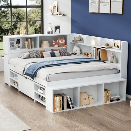 UK Local Children's Bed, Double Bed-4ft6 135x190cm Multifunctional Children's Bed With Drawers, Bookcase And Storage Cupboard, Large Storage Space, Slatted Frame, Without Mattress, White