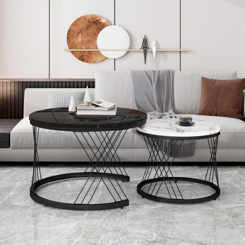 UK Local Round Coffee Table, Modern Coffee Table Set Of 2 Marble Pattern Top With Metal Frame, Small Side Table, End Table For Living Room, Bedroom, Home Office, Farmhouse, White And Black