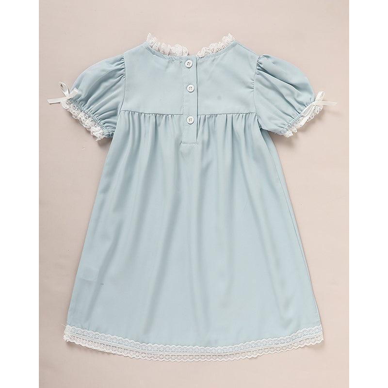 US Local Toddler Girls Dress, Summer Lace Trim Puff Short Sleeves Crew Neck Princess Party Dress