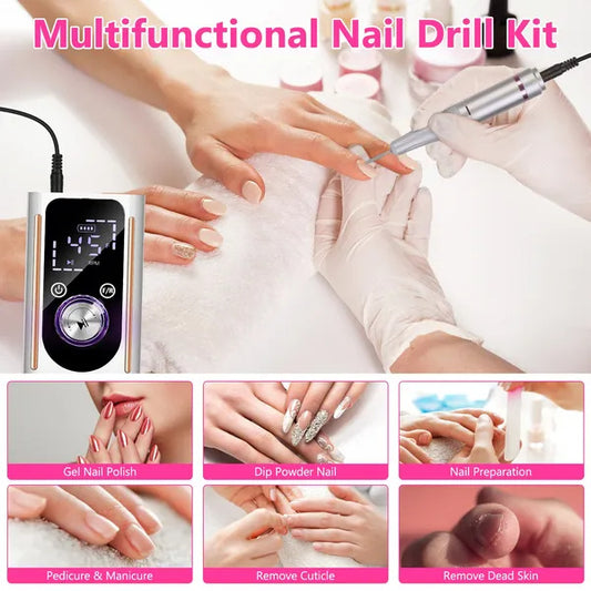 US Local Portable Electric Nail Drill Bit 45000 RPM With 11 Bits Base Waist Clip Cordless Rechargeable Nail File Machine For Professional Salon Home Acrylic Nails Remove Nail Gel Polish Manicure