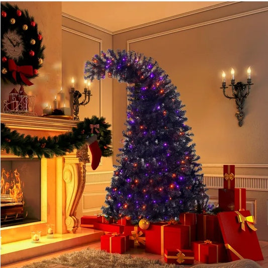 US Local 6FT Artificial Fir Bent Top Halloween Christmas Tree, Xmas Tree Bendable Style Christmas Tree Holiday Decoration W1,080 Branch Tips, 300 LED Lights X Mas Halloween Style