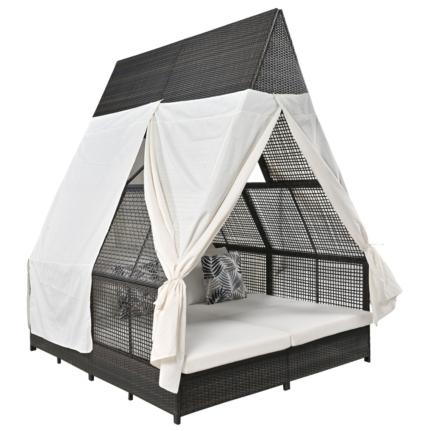 US Local Outdoor Daybed With Adjustable Backrest And Curtains, Double Sun Lounger