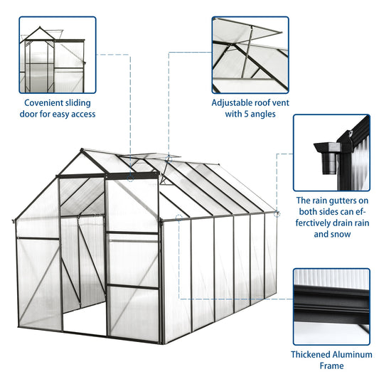 US Local 6x12 FT Polycarbonate Greenhouse W Raised Base Anchor, Heavy Duty Walk-in