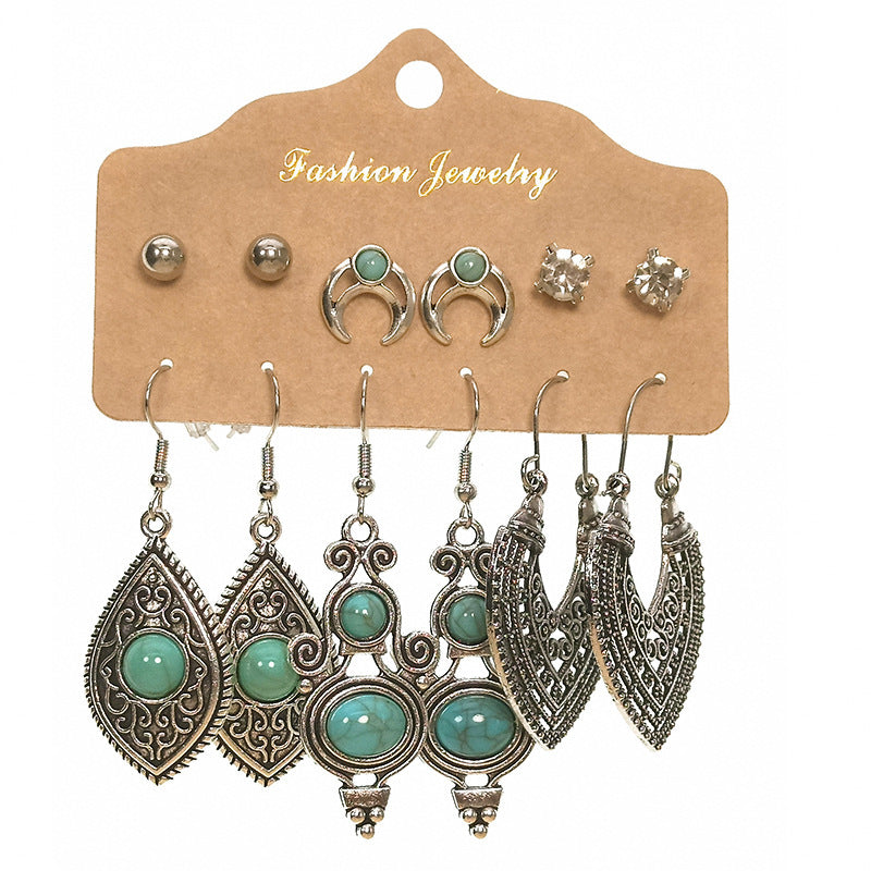 Slimming Cross-border Earrings Suit Combination Bohemian Ethnic Exquisite Water Drop Leaves Lovely Electroplated Beaded Earrings