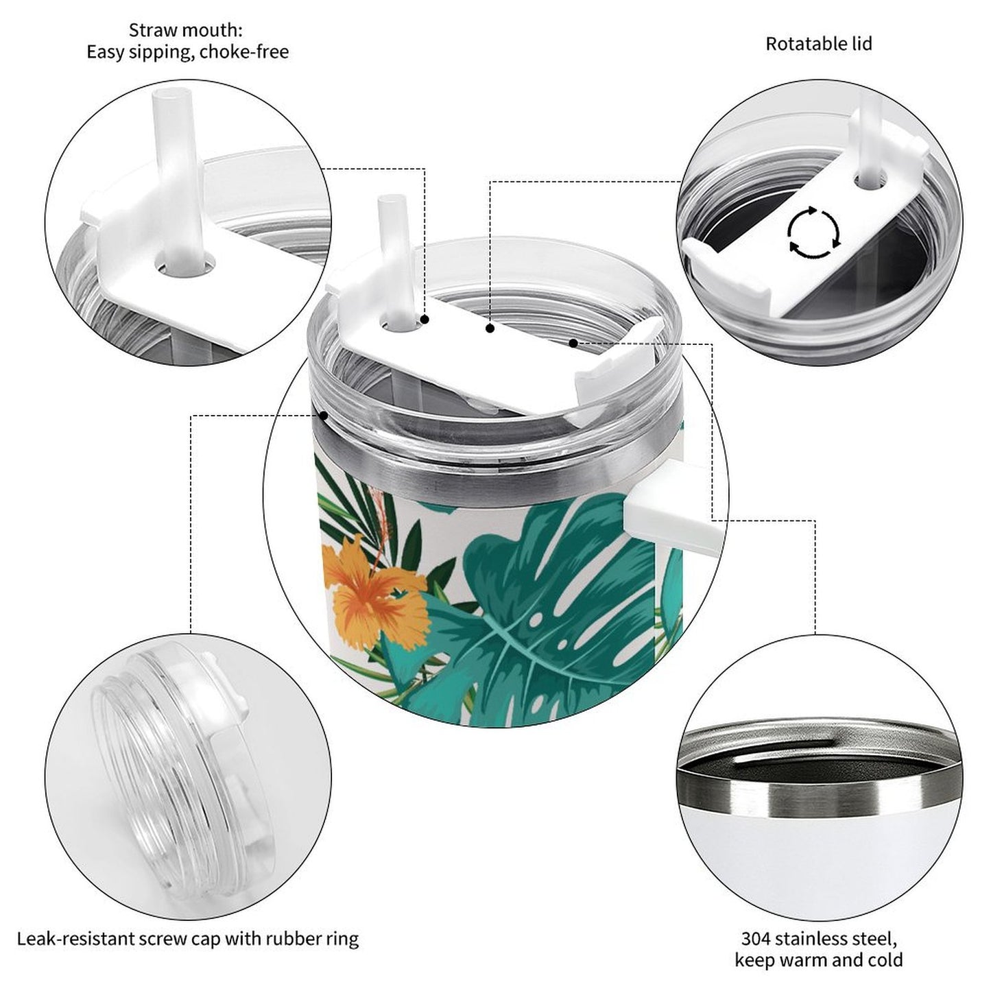 PHDT00464 POD US Local Tumbler 40 oz Large Capacity Car Cup Tropical, Foliage, Hibiscus Flowers