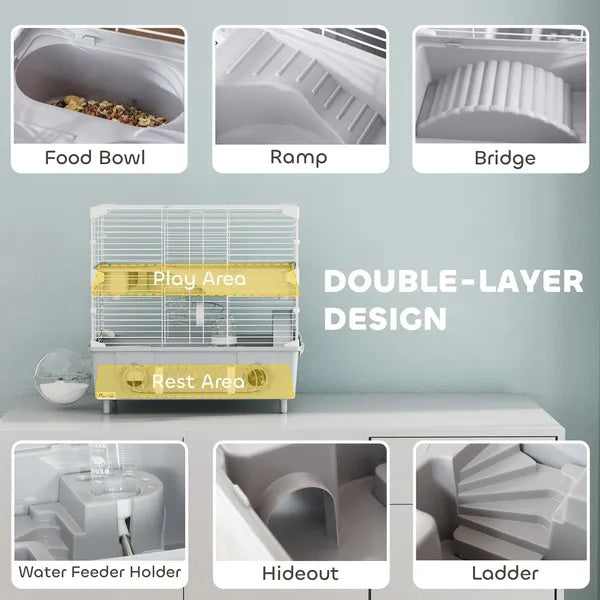 US Local 2-Tier Hamster Cage With Sand Bathroom, Running Wheel, Water Bottle