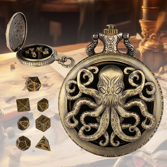 US Local Thick Chain Octopus Symmetrical Pocket Watch Dice Set, Equipped With 7 Mini DND Dice Game Polyhedral Metal Dice, Desktop Role-playing Game Dice Accessories Gift