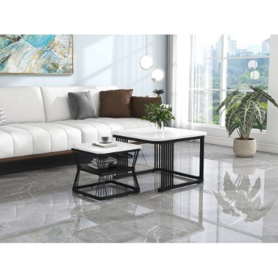 UK Local Set Of 2 Tables Square Coffee Table Coffee Table Set Nesting Sofa Table Multi-functional End Side Table Nesting Tables With Black Metal Frame Legs And Marble Pattern White Top For Living Room Home