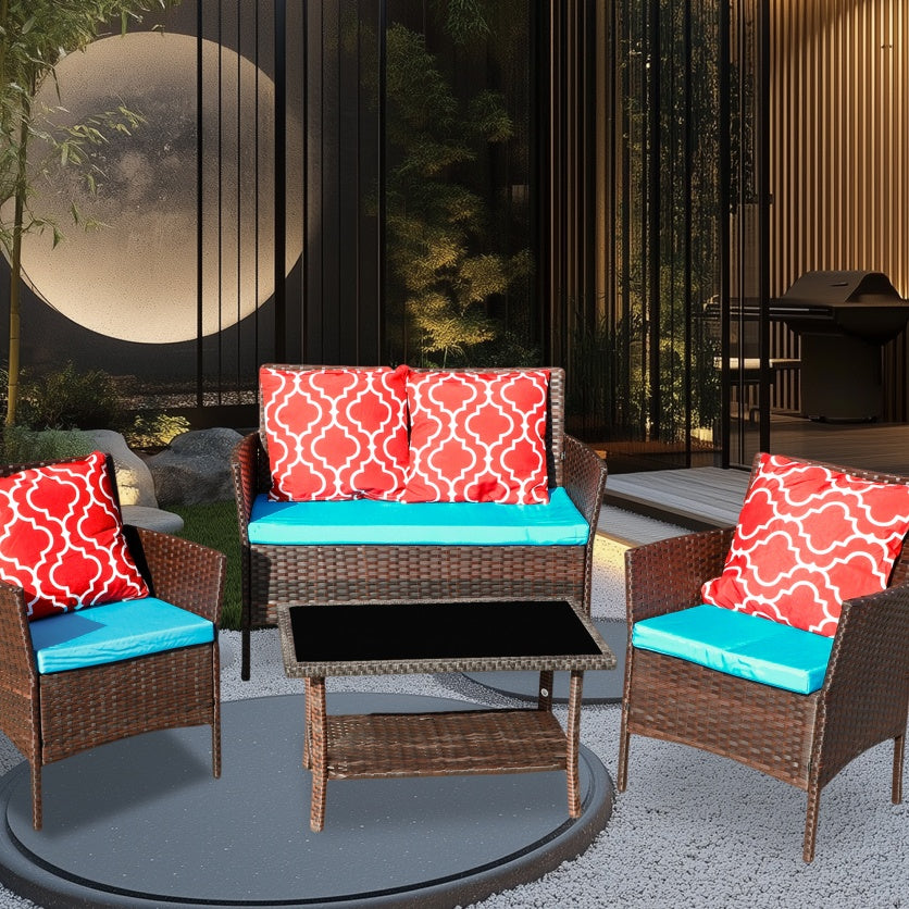 US Local Four-Piece Sofa Set Table With Sofa Chair PE Rattan Outdoor Furniture W3152P269436 Box1 With Sapphire Blue Color Cushion