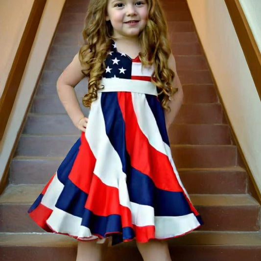 US Local Toddler Girls' Independence Day Dress Red White & Blue Stripes And Stars Short Sleeve Twirl Dress 4th Of July