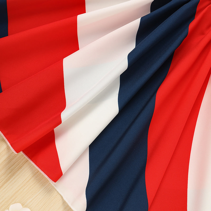 US Local Toddler Girls' Independence Day Dress Red White & Blue Stripes And Stars Short Sleeve Twirl Dress 4th Of July