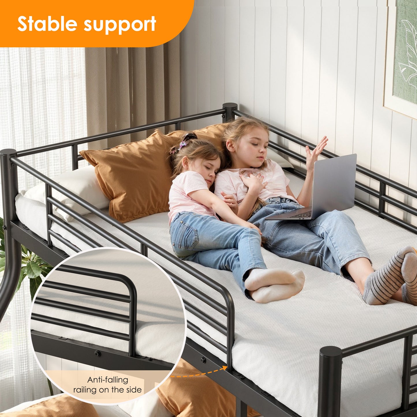 US Local Metal Bunk Bed, Twin Over Full Size Support For Adults Teens, Black