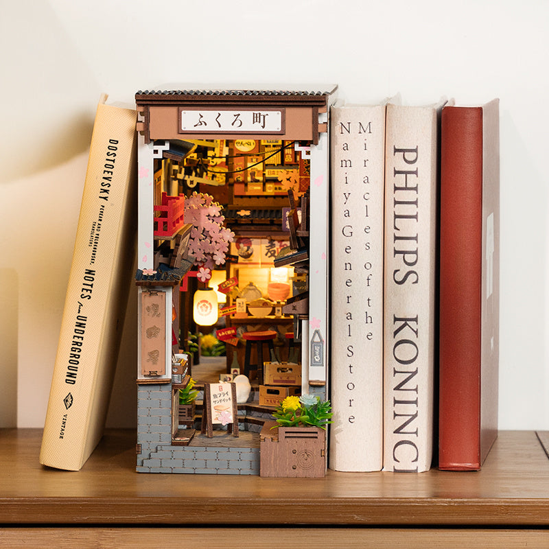 US Local ROBOTIME DIY Book Nook Kit - Sakura Wine Alley With LED Lights, 3D Wooden Miniature Dollhouse Puzzle, Creative Bookend Bookshelf Decor, Unique Gift For Adults