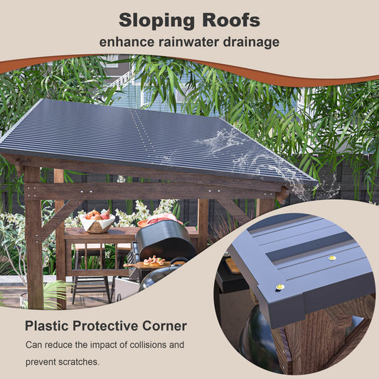 US Local 13X 6.5 Ft Wooden Pergola Grill Gazebo With Metal Roof & Bulbs & Bar Counters
