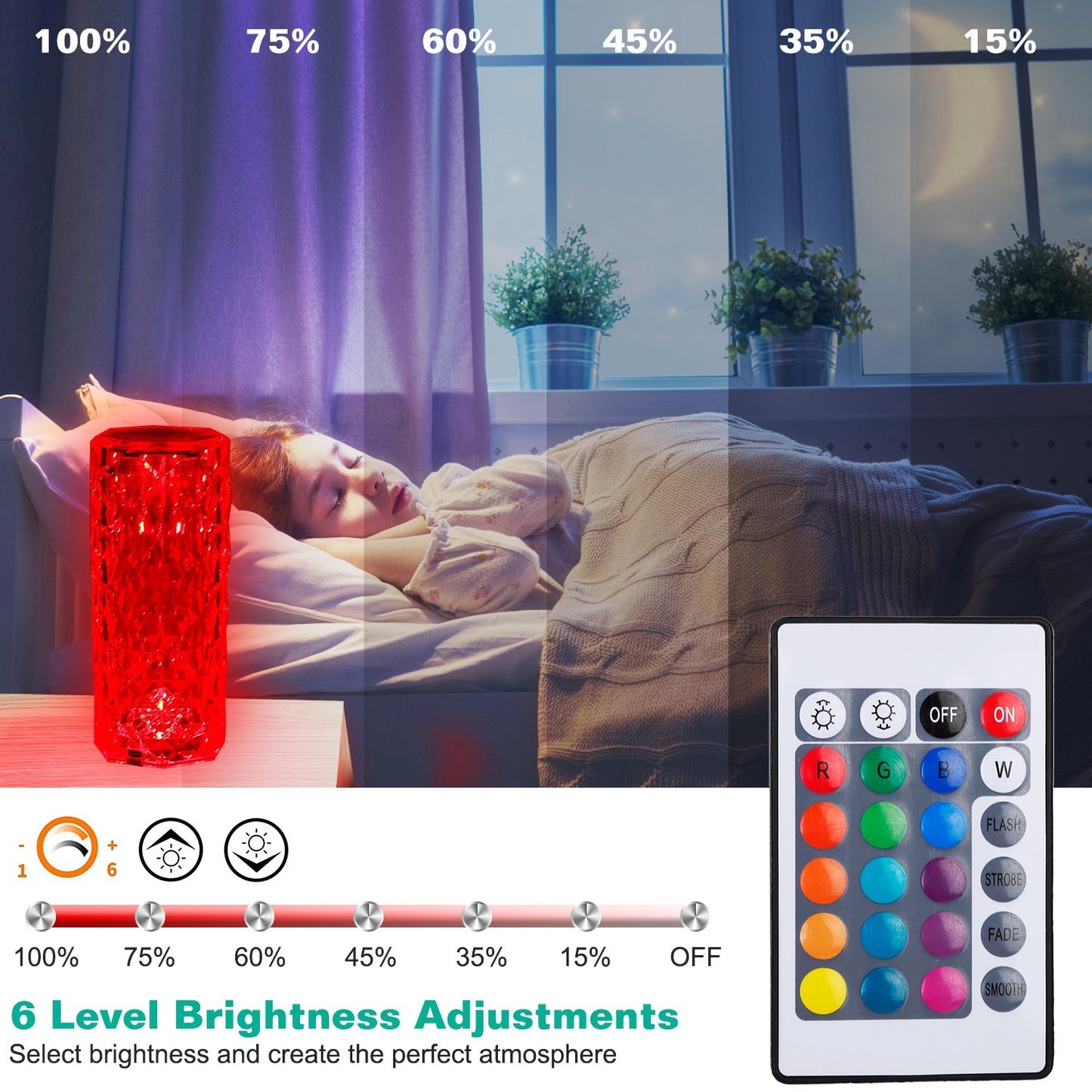 US Local Crystal Diamond Rose Table Lamp Dimmable Remote Touch Control Beside LED Night Light Rechargeable 16 Color Change Atmosphere Bar Lamp
