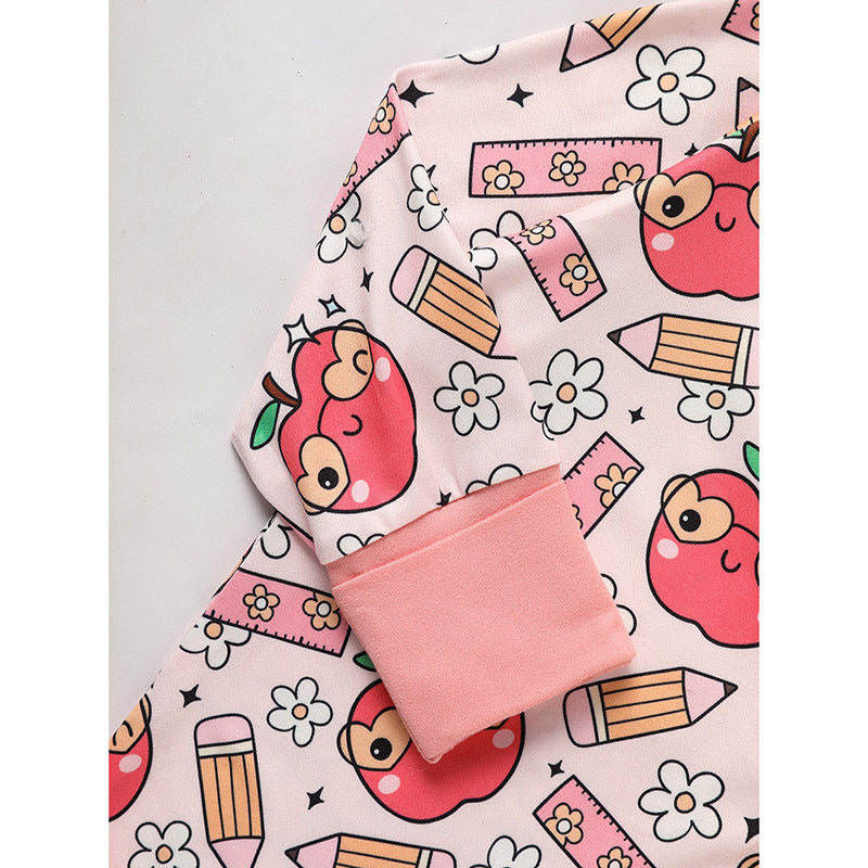 US Local Adorable Infant Romper For Back To School Apple And Pencil Print Long Sleeve Jumpsuit Outfit
