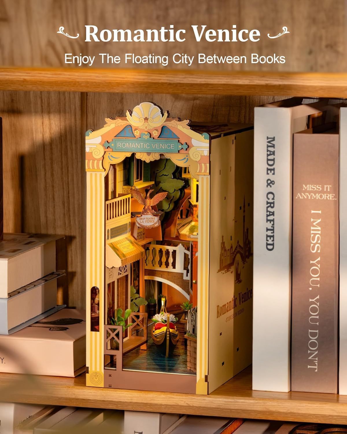 US Local ROBOTIME Book Nook Kits For Adults Romantic Venice With Dust Cover, Booknook DIY Miniature House Kit 3D Wooden Puzzle Bookend Bookshelf Decoration Gifts TGB08