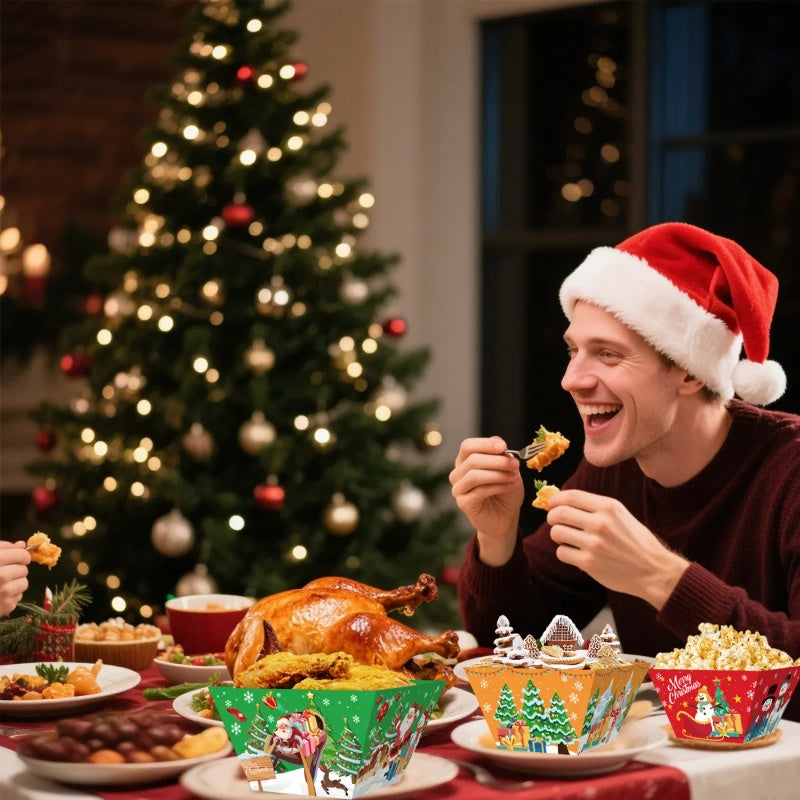 US Local 12 Pcs Christmas Paper Food Tray Tree Santa Gingerbread Elk Pattern Snack Bowl Xmas Party Disposable Paper Serving Tray Cute Popcorn Hot Dog Candy Container Boat For Winter Xmas Carnivals Decorations