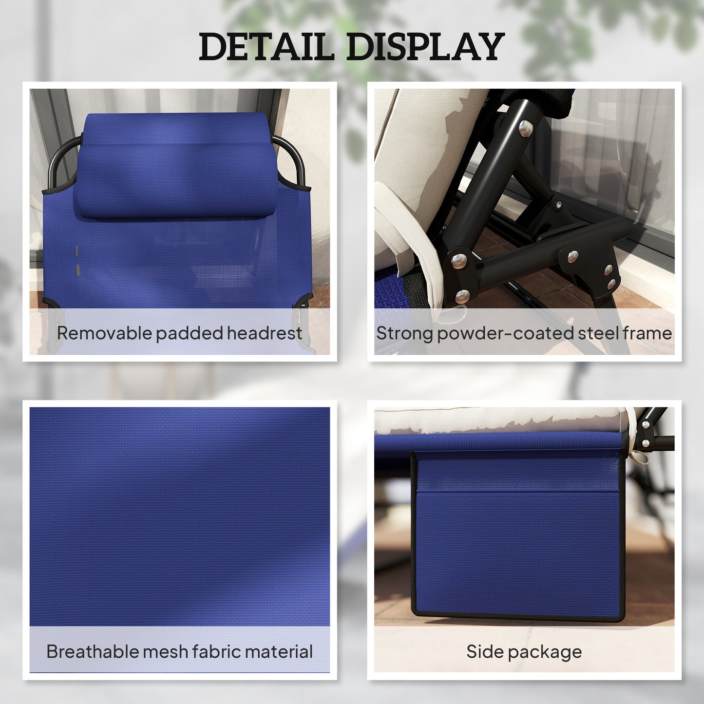 Folding Chaise Lounge Pool Chair With 4-level Reclining Back, Cushion, Side Pocket, Headrest, Navy Blue