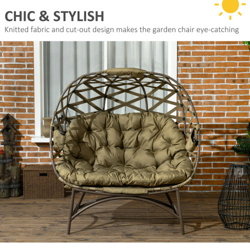 UK Local Outsunny 2 Seater Egg Chair Outdoor, Folding Weave Garden Furniture Chair With Cushion, Cup Pockets - Khaki
