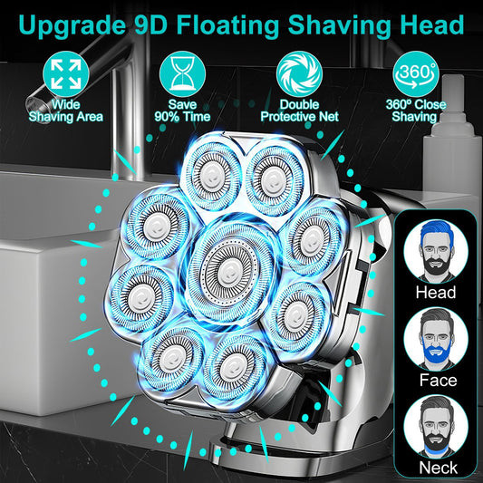 US Local 1Pc 6 In 1 9D Electric Head Shaver For Men Cordless Rechargeable Wet Dry Razor With LED Display Travel Lock Stall Protection Cleaning Reminder