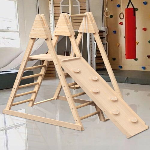 US Local 4-in-1 Juniper Indoor Play Gym - Jungle Gym Playset With Baby Swing, Slide, Ladder, And Climbing Wall - Foldable Wooden Playset - Indoor Jungle Gym For Kids