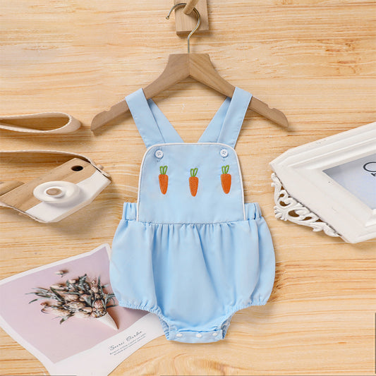 US Local Baby Comfortable Overalls Romper Carrot Embroidery With Adjustable Straps And Snap Closure For Spring Summer
