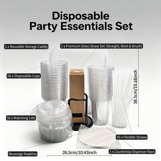 US Local 50 Pack 16oz Disposable Cups COMPLETE KIT With Lids Straws Includes 15Quart Storage Bin, Glass Straws Dispenser Rack For Wedding, Catering, Party Coffee Events