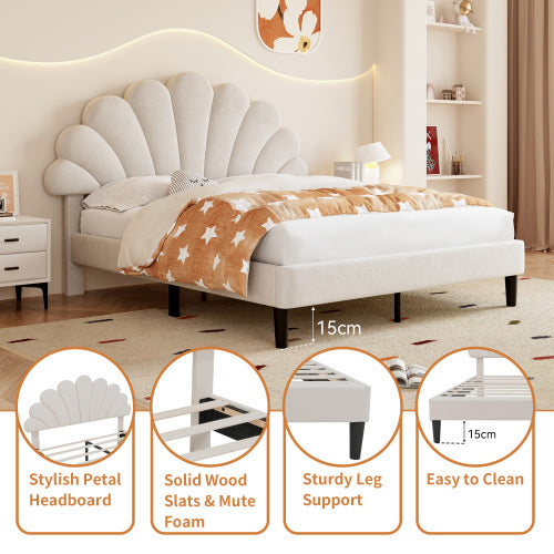 UK Local 4ft6 Double Upholstered Velvet Bed Frame, With Adjustable Chic Petal Headboard, Velvet Platform Bed Frame With Solid Wood Slat, No Box Spring Needed, Easy Assembly, Beige