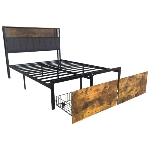 UK Local 4ft6 Double Bed Frame With 2 Storage Drawers, RGB LED Storage Headboard With Charging Station, Metal Platform Bed Frame, No Box Spring Needed, Easy Assembly, Black Walnut No Mattress