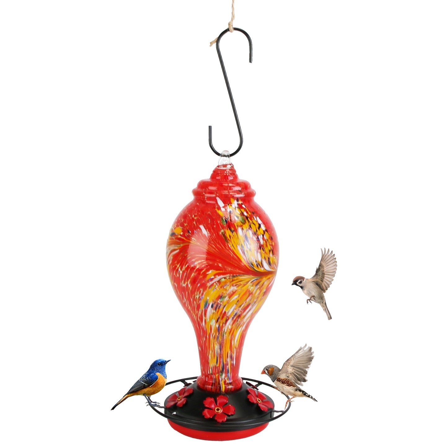 US Local 1Pc Glass Hummingbird Feeder 33OZ Hand Blown Hummingbird Feeder With 5 Flower Feeding Port Perch Ant Moat Hanging Hook S Hook Hemp Rope Cleaning Brush For Garden Decor
