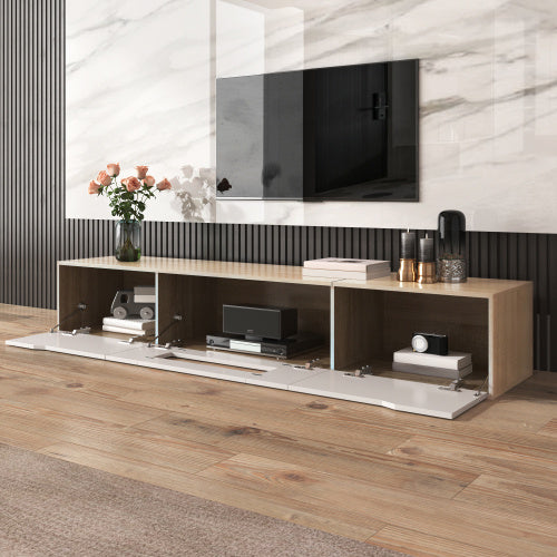 UK Local TV Cabinet, High Gloss TV Cabinet, Color Matching High-glosswhite And Wood Color, With Color Changing LED Light.