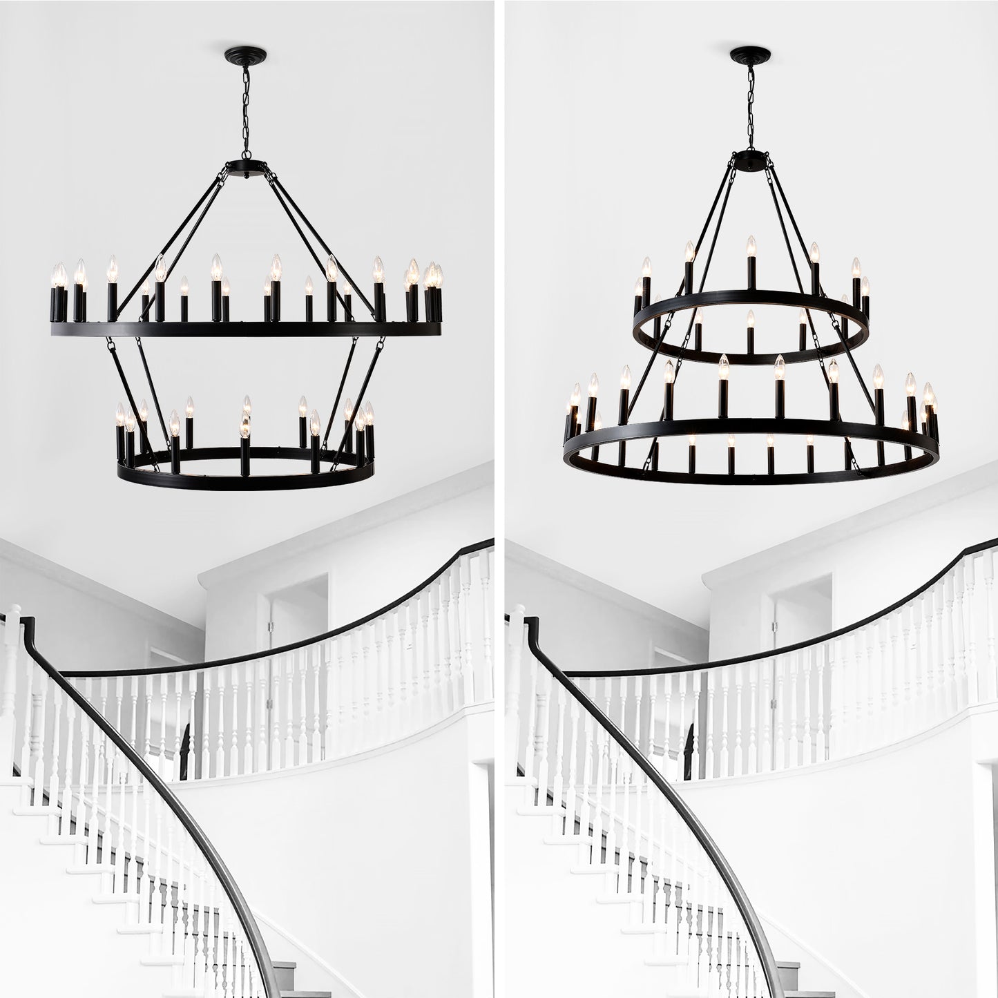 US Local 2 Tiers Wagon Wheel Chandelier Wooden Farmhouse 36-Light Black Metal Chandeliers 2-Story Light Fixtures Industrial For High Ceiling Living Dining Room Foyer. Adjustable Height