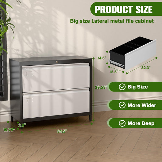 US Local Lateral File Cabinet With 2 Drawer,Metal Wide Filing Cabinet With Lock And Business Card Slot For Home Office School Hanging Letter,Legal,F4,A4 Size Folders,Required Assembly,Black And Grey