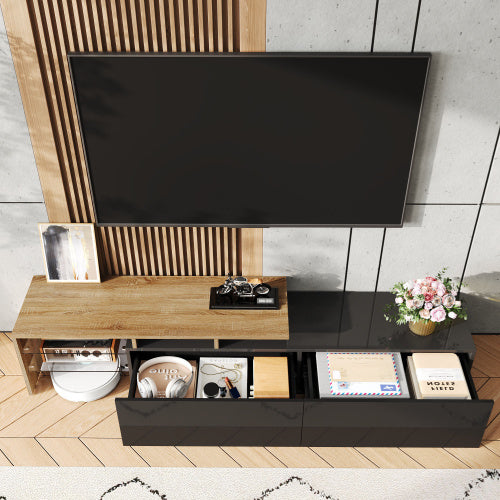 UK Local Modern TV Cabinet Design Stylish And Elegant, Practical Storage Space, Black And Wood Look, Glass Shelves, LED Lighting