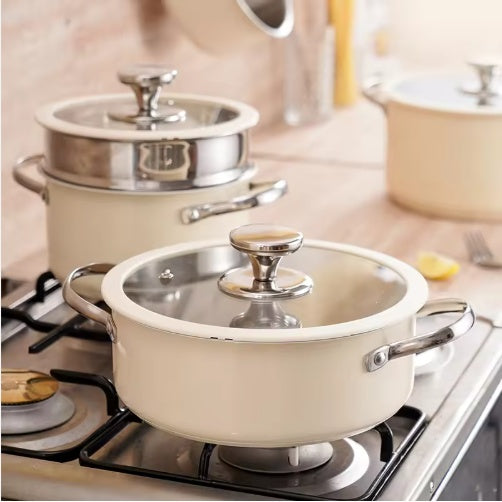 US Local 9 pcs Stainless Steel Ceramic Coated Pot Set, Including 1 Milk Pot, 2 Stockpots, 1 Non-stick Pan, 4 LIDS And 1 Steamer