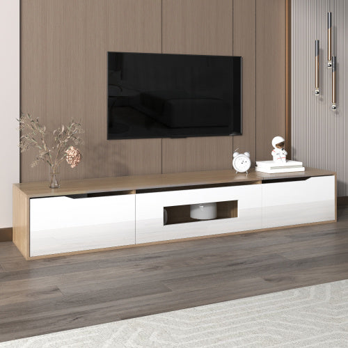 UK Local TV Cabinet, High Gloss TV Cabinet, Color Matching High-glosswhite And Wood Color, With Color Changing LED Light.