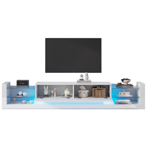 UK Local Open Glass Storage TV Stand With LED Lights For TV Cabinets Up To 75 Inches High Gloss Panel, Modern Minimalist Style Media Entertainment Center Console Cabinet Table With 2 Closed Sliding Door, White