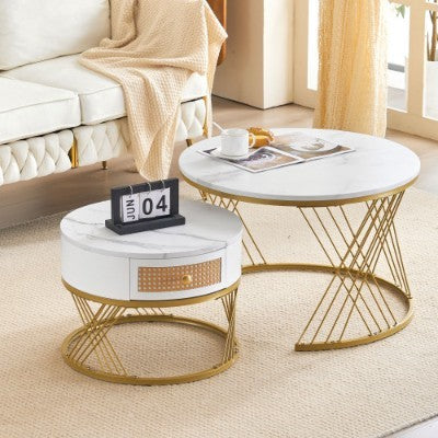 UK Local White Two-piece Coffee Table Set With Rattan Drawers, Gold Accents And Marble-style PVC Sticker Tabletop
