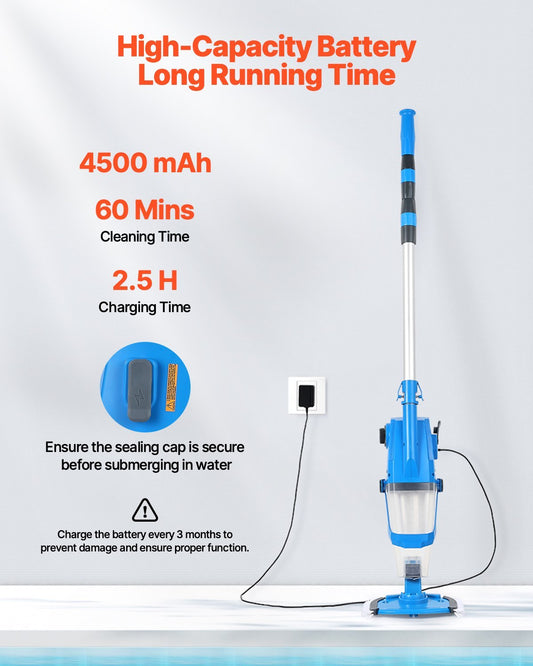 US Local Pool Vacuum, 26 GPM Handheld Cordless Hot Tub Vacuum With Extension Pole, For Deep Cleaning Strong Suction, Rechargeable Pool Cleaner, Running Up To 1Hour, For Above Ground Inground Pool Spas