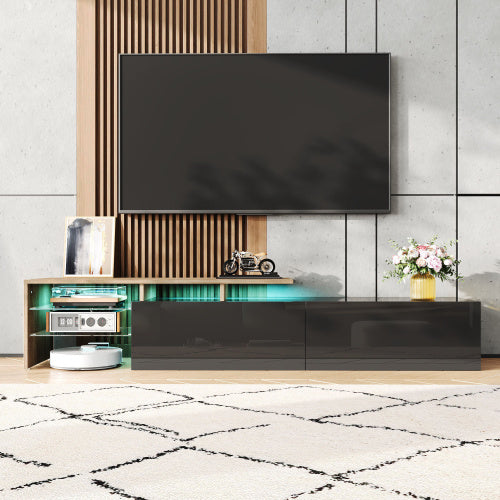 UK Local Modern TV Cabinet Design Stylish And Elegant, Practical Storage Space, Black And Wood Look, Glass Shelves, LED Lighting