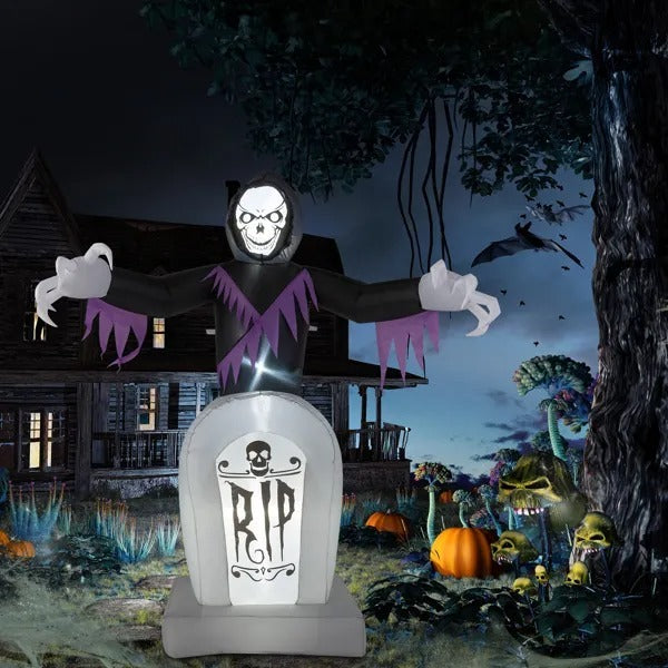 US Local 8ft Garden 3pcs LED String Lights Grim Reaper And Grave Inflatable Halloween Decoration